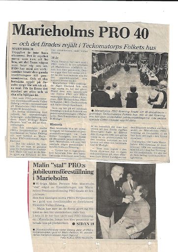 Tidningsurklipp från 1987 (40 års jubileum) - Rubriker: "Marieholms PRO 40", "Malin "stal" PRO:s jubileumsföreställning i Marieholm"