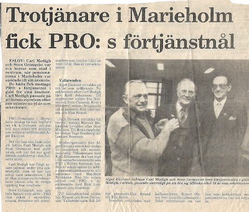 Tidningsurklipp 1987, Rubrik: "Trotjänare i Marieholm fick PRO:s förtjänstnål"