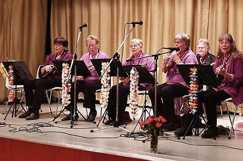 Den Hawaii inspirerade sånggruppen var utrustade med blomsterkransar och spelade ukulele.