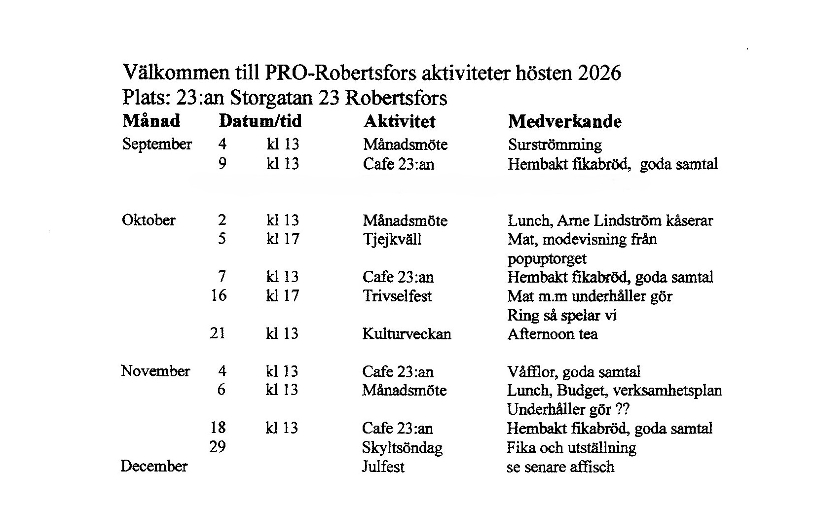 Aktiviteter hösten 2026