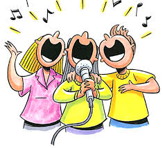 3 tecknade figurer som sjunger och håller i en mikrofon