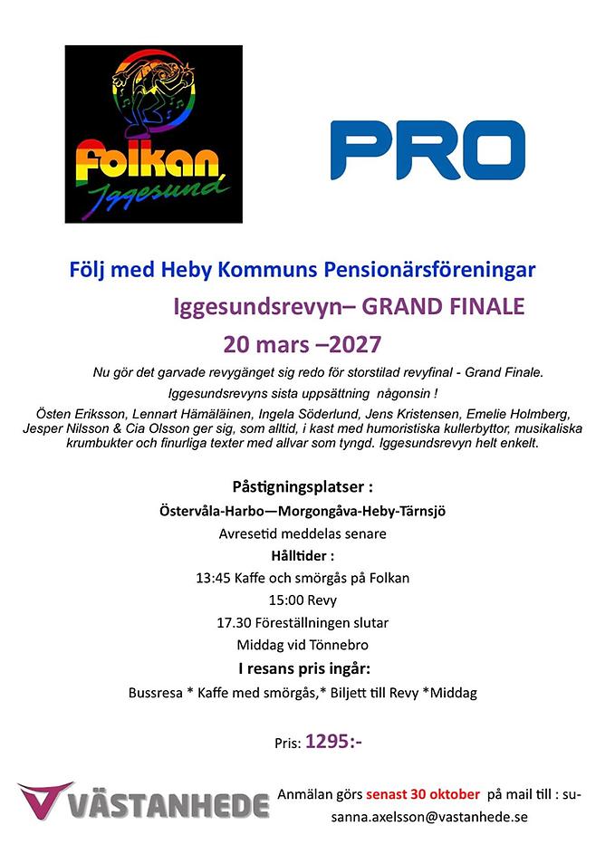 Inbjudan från Västanhede Buss till Heby Kommuns Pensionärer att följa med Iggesundsrevyn 20 mars 2027
