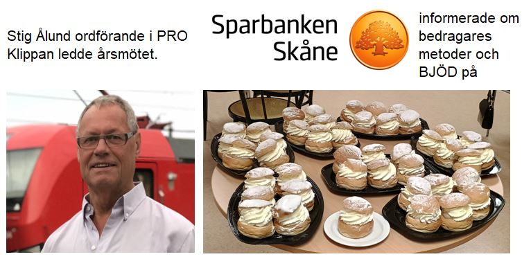 Årsmötet 2024 leddes av Stig Ålund Klippan. SPB bjöd på semlor och informerade om bedragares metoder.