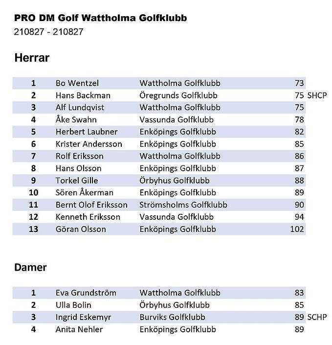 Resultatlistan för alla deltagare på DM Golf