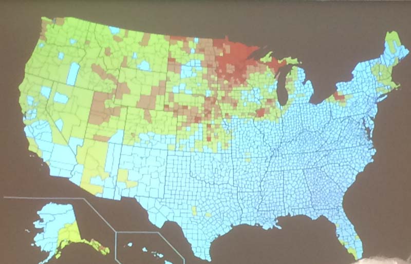 De flesta svenskar hamnade i norra USA och en koncentration vid rödfärgade områden på kartan.