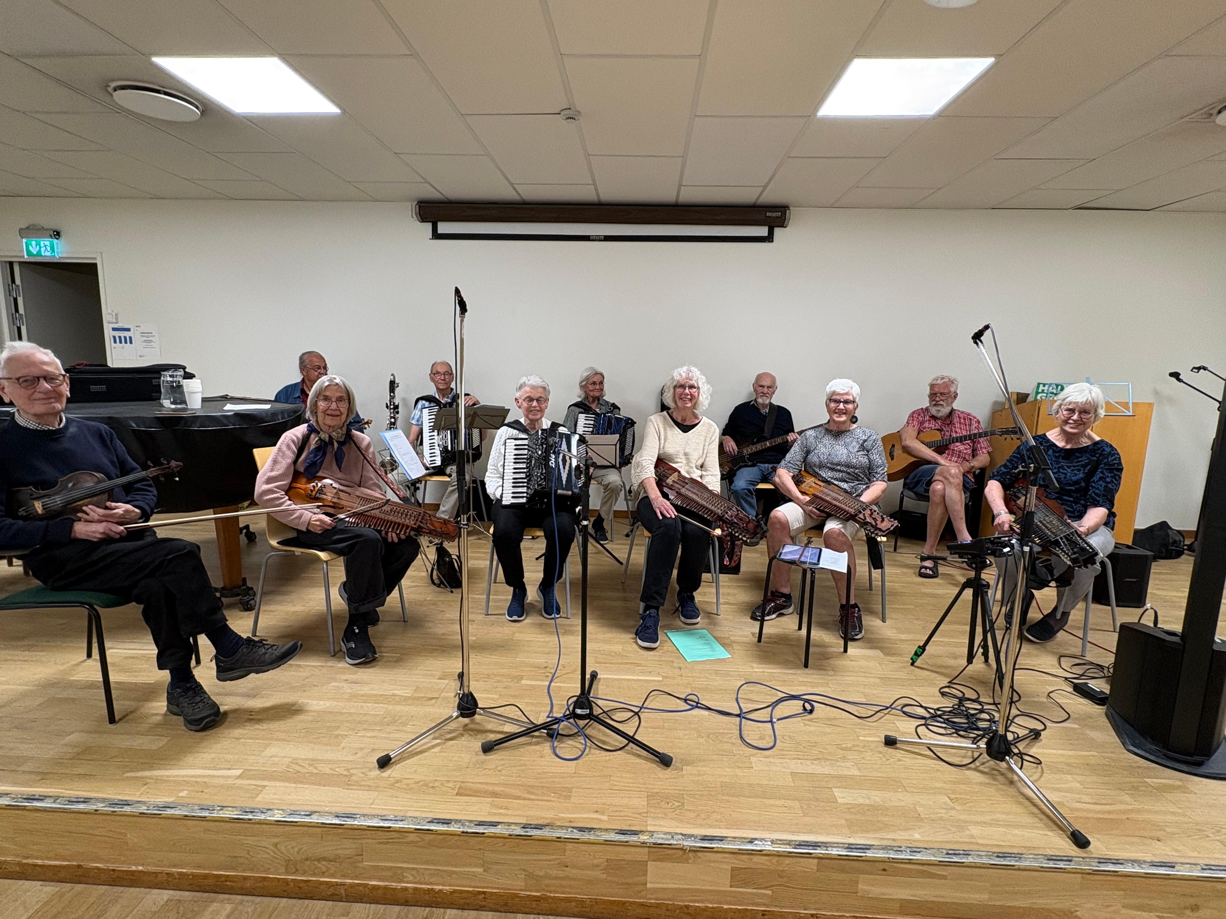 Orkester med 11 deltagare som heter Pensionärsdraget. De spelade på olika instrument.
