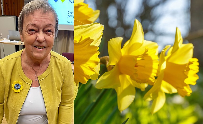 kollage: PRO:s ordförande Christina Tallberg i gul jacka och påskliljor