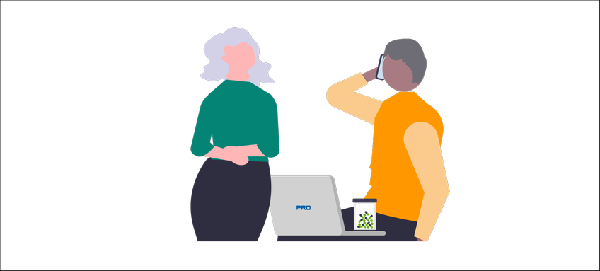 Tecknad bild av en kvinna som håller sig för magen och en man med en laptop som sitter i ett telefonsamtal.