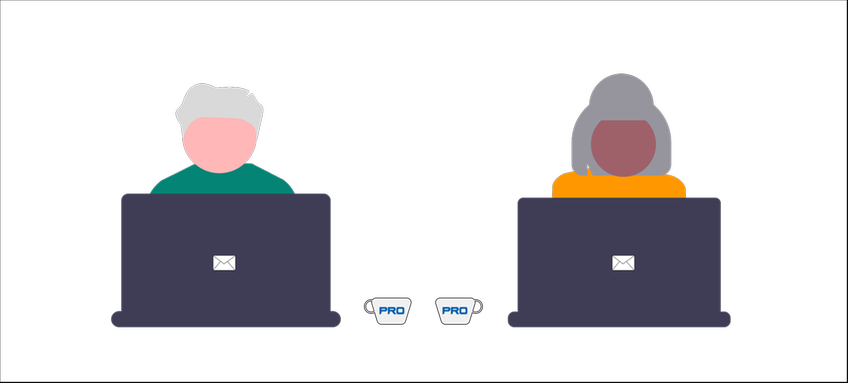 Tecknad bild av en man och en kvinna som tittar ner i varsin laptop, med två kaffekoppar mellan sig.