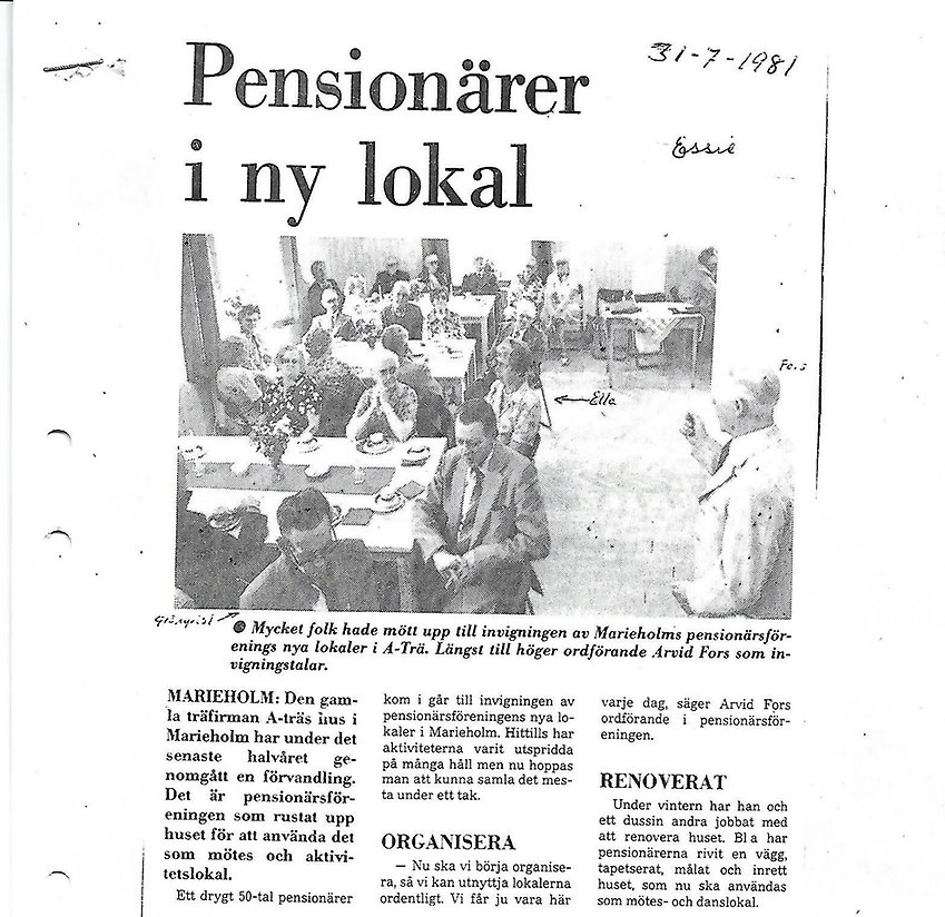 Tidningsurklipp från 1981, Rubrik: "Pensionärer i ny lokal"