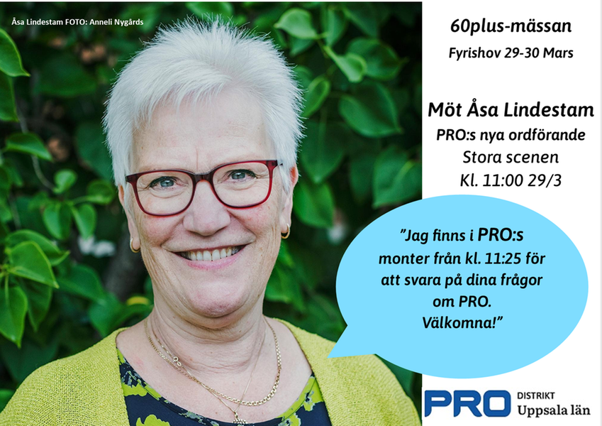 Annonsbild på Åsa Lindestam inför hennes scenframträdande på 60plusmässan den 29/3.